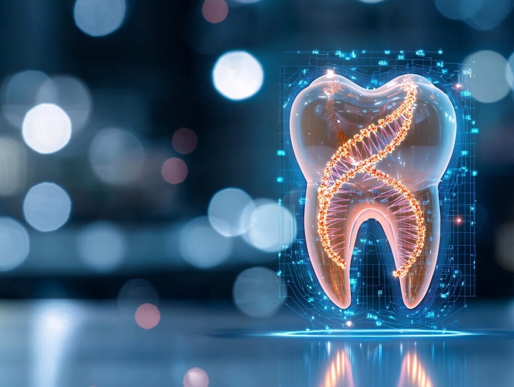 3D Human Tooth Anatomy concept. Digital illustration of a glowing tooth with DNA strands, symbolizing dental health and genetic research in a high-tech environment.