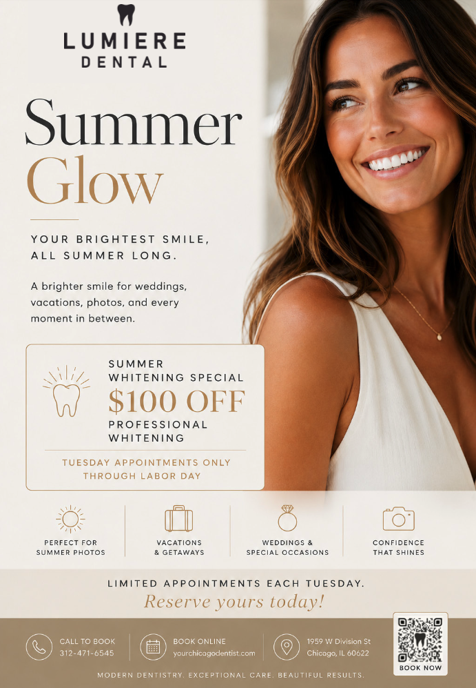 Summer Glow Whitening Special - $100 off professional whitening, Tuesday appointments through Labor Day at Lumiere Dental